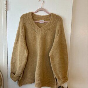 ASOS DESIGN chunky oversized v neck sweater in brushed yarn in camel